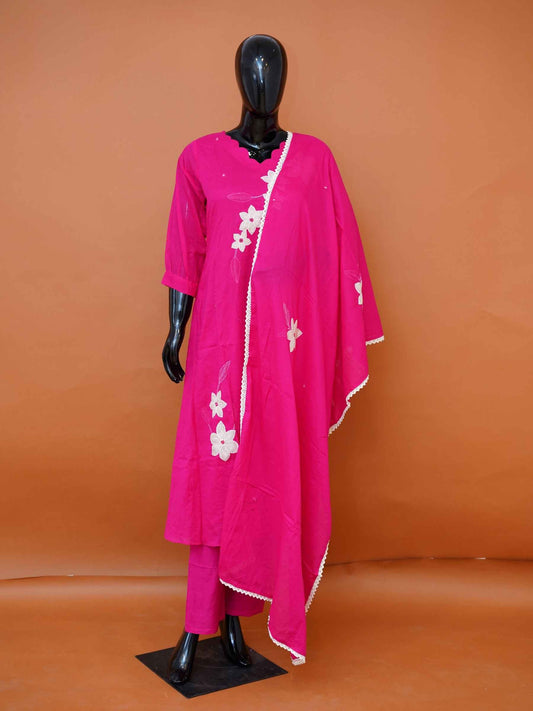Rani Pink Mul Cotton 3-Piece Straight Salwar Suit with Bold Floral Floral Applique - Medium - XXL