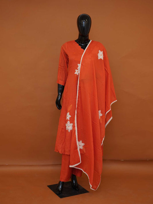 Rust Orange Mul Cotton 3-Piece Gathered Frock Kurta Set with White Floral Applique - Medium - XXL