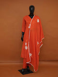 Rust Orange Mul Cotton 3-Piece Gathered Frock Kurta Set with White Floral Applique - Medium - XXL