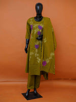 Olive Mehendi Green Mul Cotton 3-Piece Straight Kurta Set with Botanical Hand Embroidery - Medium - XXL