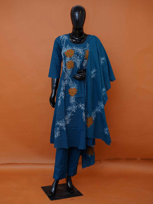 Prussian Teal Blue Mul Cotton 3-Piece Straight Kurta Set with Botanical Hand Embroidery - Medium - XXL