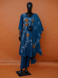 Prussian Teal Blue Mul Cotton 3-Piece Straight Kurta Set with Botanical Hand Embroidery - Medium - XXL