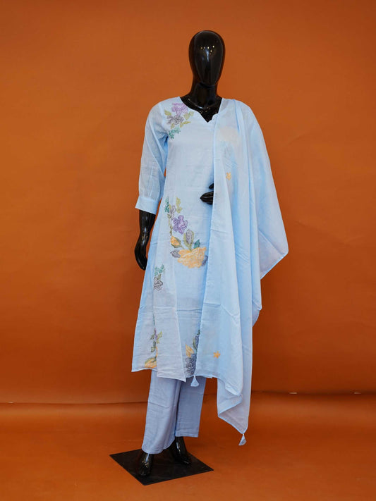 Powder Blue Mul Cotton 3-Piece Straight Kurta Set with Botanical Hand Embroidery - Medium - XXL