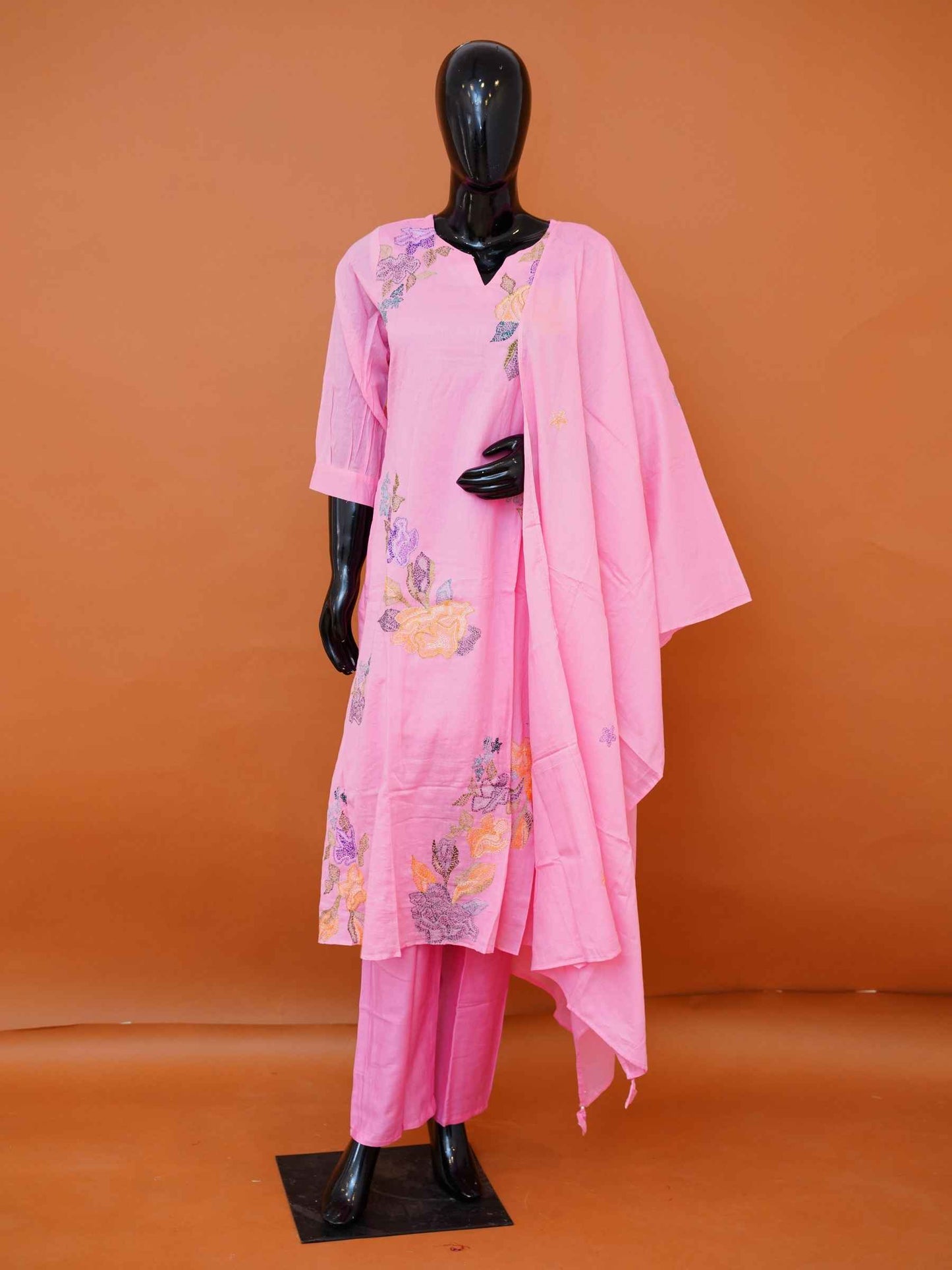 Pastel Pink Mul Cotton 3-Piece Straight Kurta Set with Botanical Hand Embroidery - Medium - XXL