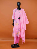 Pastel Pink Mul Cotton 3-Piece Straight Kurta Set with Botanical Hand Embroidery - Medium - XXL