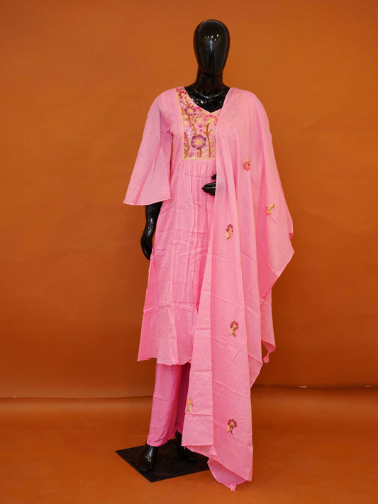 Bubblegum Pink Mul Cotton 3-Piece Gathered Frock Kurta Set with Floral Embroidery - Medium - XXL