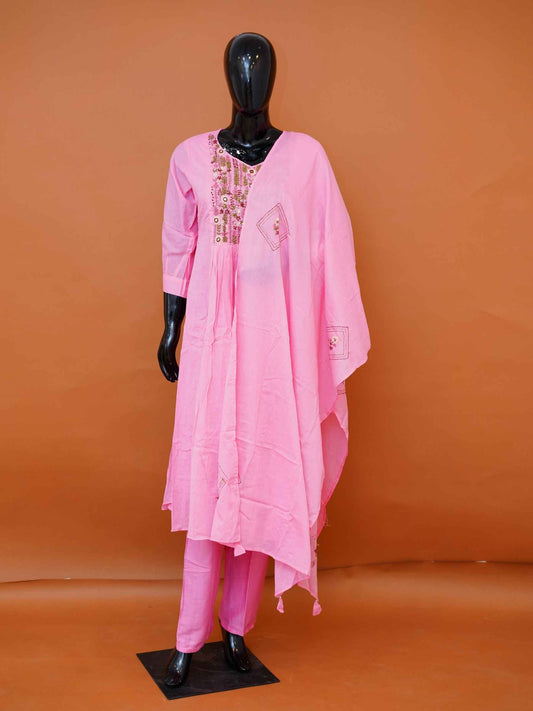 Pastel Pink Mul Cotton 3-Piece Gathered Frock Kurta Set with Botanical Embroidery - Medium - XXL