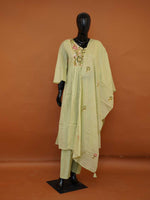 Pastel Lime Green Mul Cotton 3-Piece Gathered Frock Kurta Set with Floral Embroidery - Medium - XXL