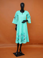 Women's hand-painted mint green mulmul cotton A-line dress with pintucks available in sizes M to 3XL