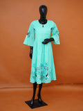 Women's hand-painted mint green mulmul cotton A-line dress with pintucks available in sizes M to 3XL