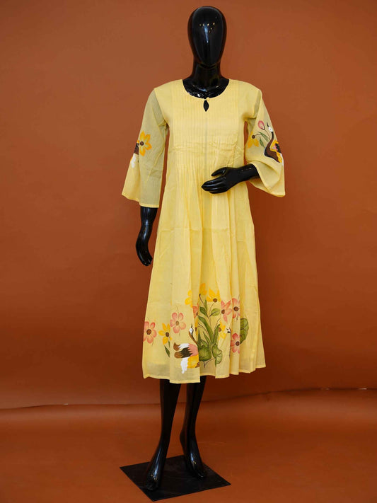 Sunlight Yellow Hand-Painted Pure Mul Mul Cotton Kurti - Medium to 3XL