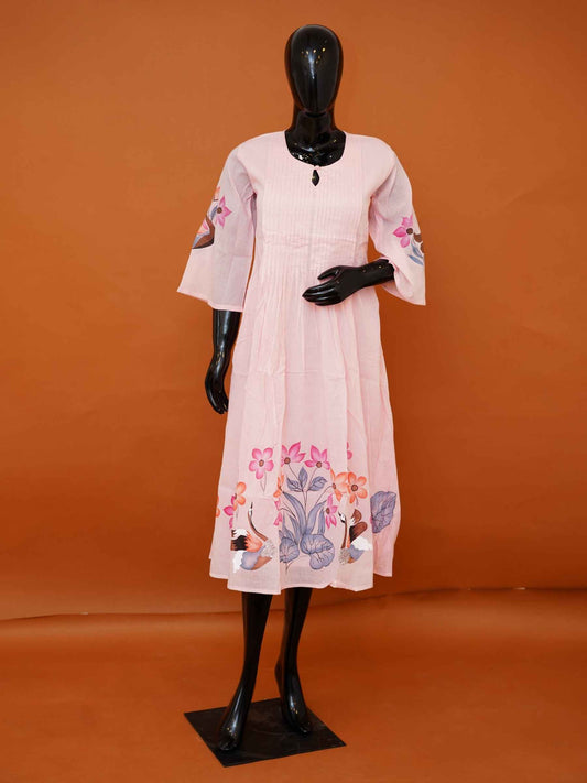 Women's hand-painted pastel pink mulmul cotton A-line dress with pintucks available in sizes M to 3XL