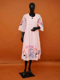 Women's hand-painted pastel pink mulmul cotton A-line dress with pintucks available in sizes M to 3XL