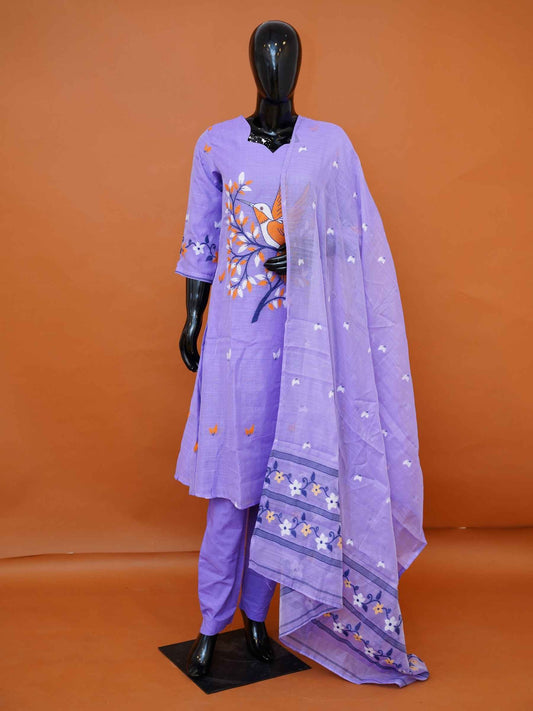 Lavender Handwoven Dhakai Jamdani Cotton Salwar Suit Set - Medium to 3XL
