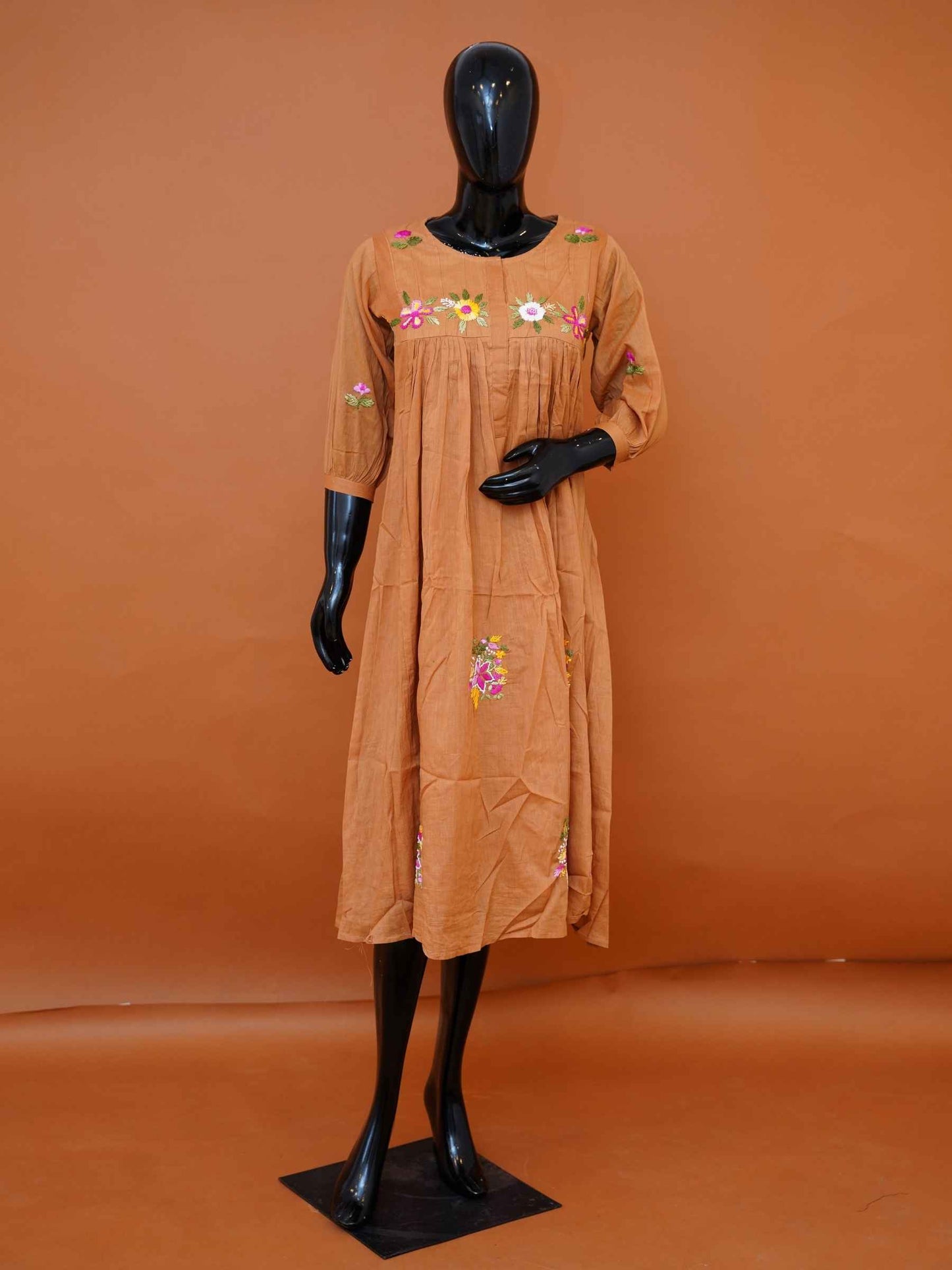 Women's embroidered tan brown mulmul cotton A-line dress with 3/4 sleeves available in sizes M to 3XL