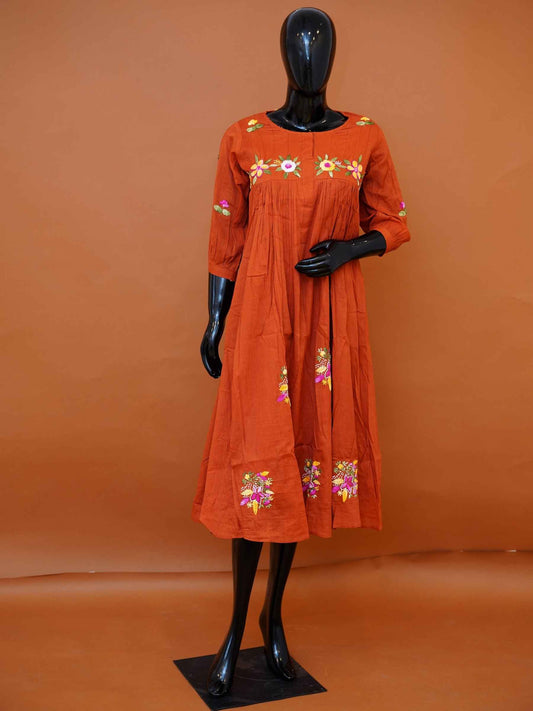 Women's embroidered rust mulmul cotton A-line dress with 3/4 sleeves available in sizes M to 3XL