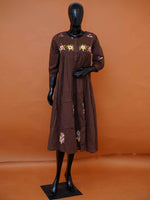 Women's embroidered brown mulmul cotton A-line dress with 3/4 sleeves available in sizes M to 3XL