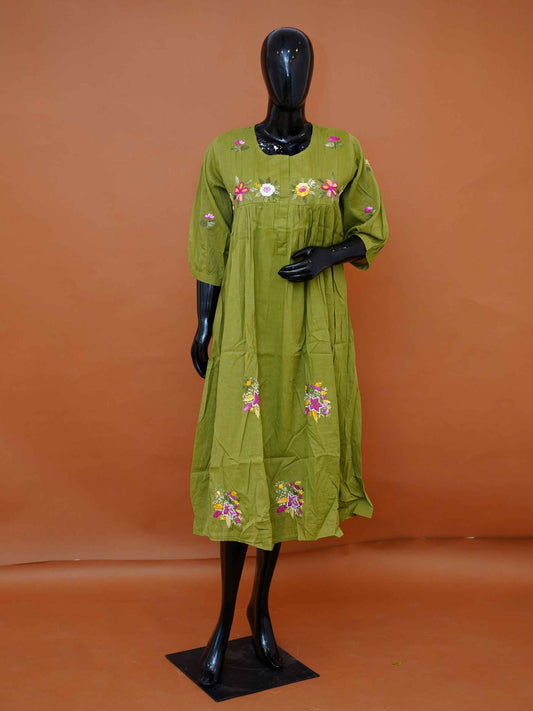 Women's embroidered olive green mulmul cotton A-line dress with 3/4 sleeves available in sizes M to 3XL