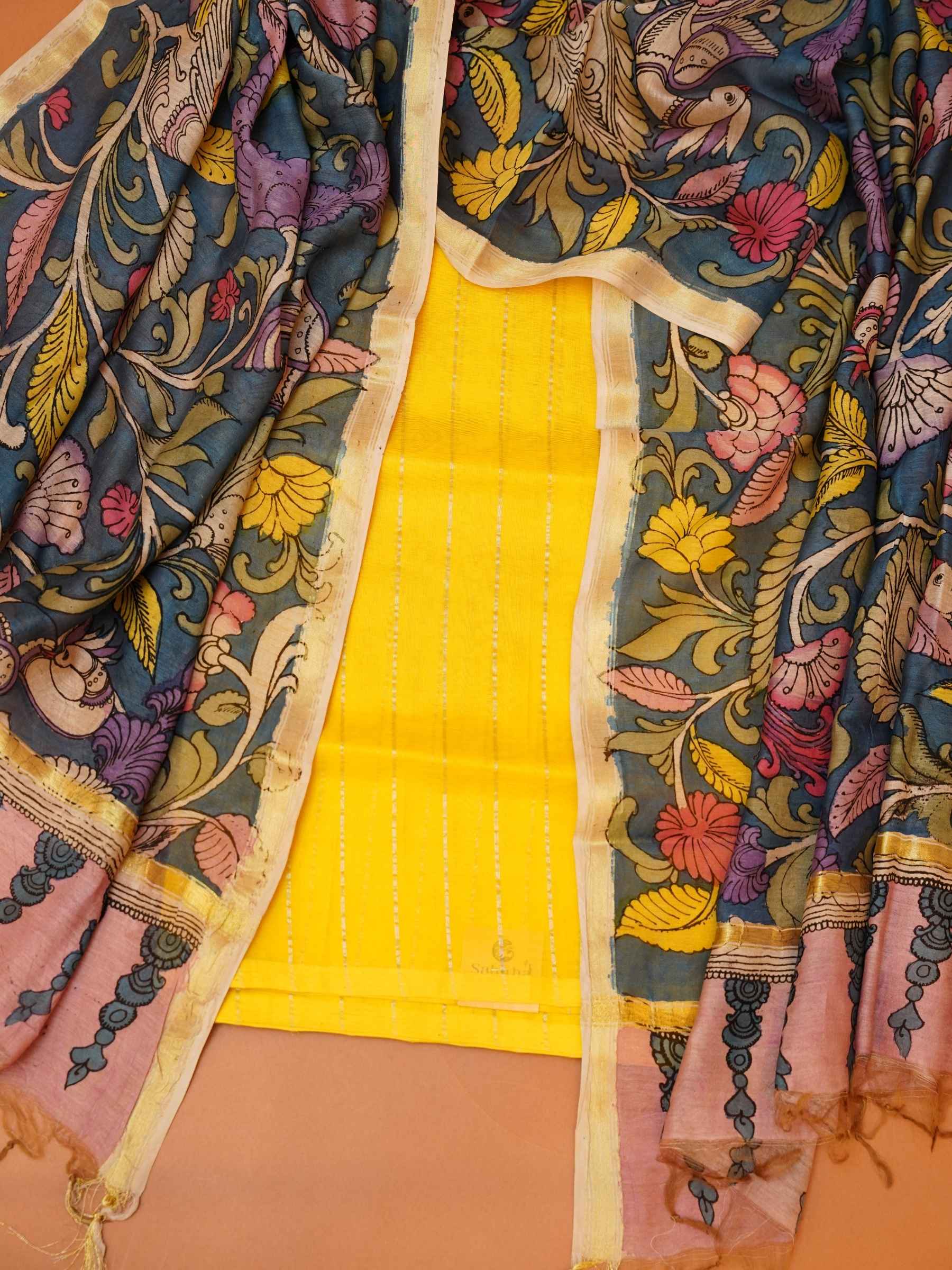 Unstitched Paturu handloom 2-piece suit set with handloom floral and bird Kalamkari dupatta and zari borders