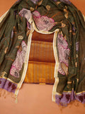 Unstitched Paturu handloom 2-piece suit set with handloom floral Kalamkari dupatta and purple zari borders