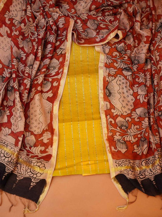 Unstitched Paturu handloom 2-piece suit set with handloom floral Kalamkari dupatta and zari borders