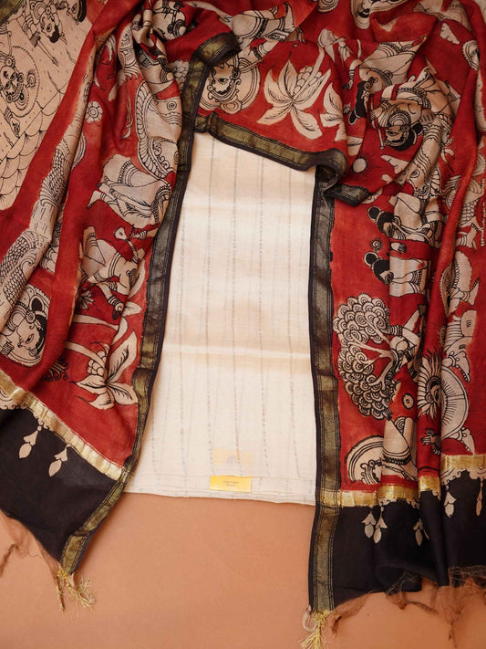 Unstitched Paturu handloom 2-piece suit set with handloom Pen Kalamkari figural dupatta and gold zari borders
