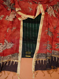 Unstitched Paturu handloom 2-piece suit set with handloom floral Kalamkari dupatta and gold zari borders