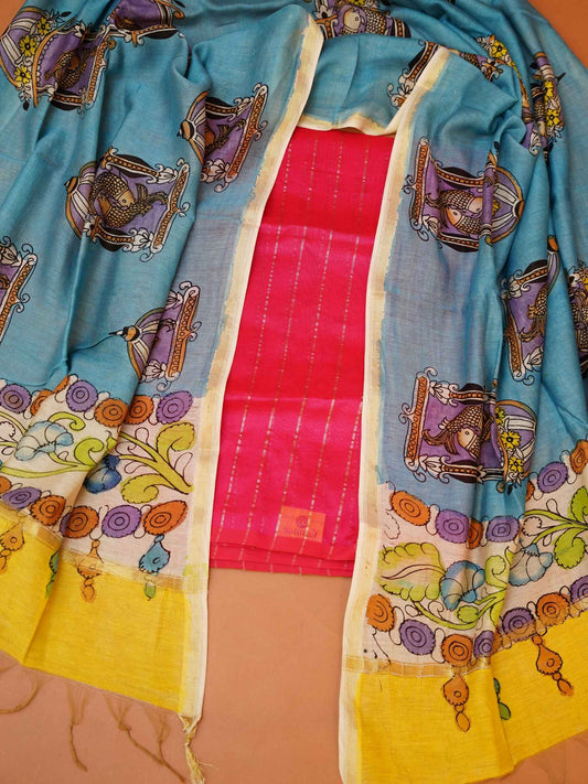Unstitched Paturu handloom 2-piece suit set with handloom fish and floral Kalamkari dupatta and yellow zari borders