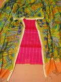 Unstitched Paturu handloom 2-piece suit set with handloom floral Kalamkari dupatta and orange zari borders