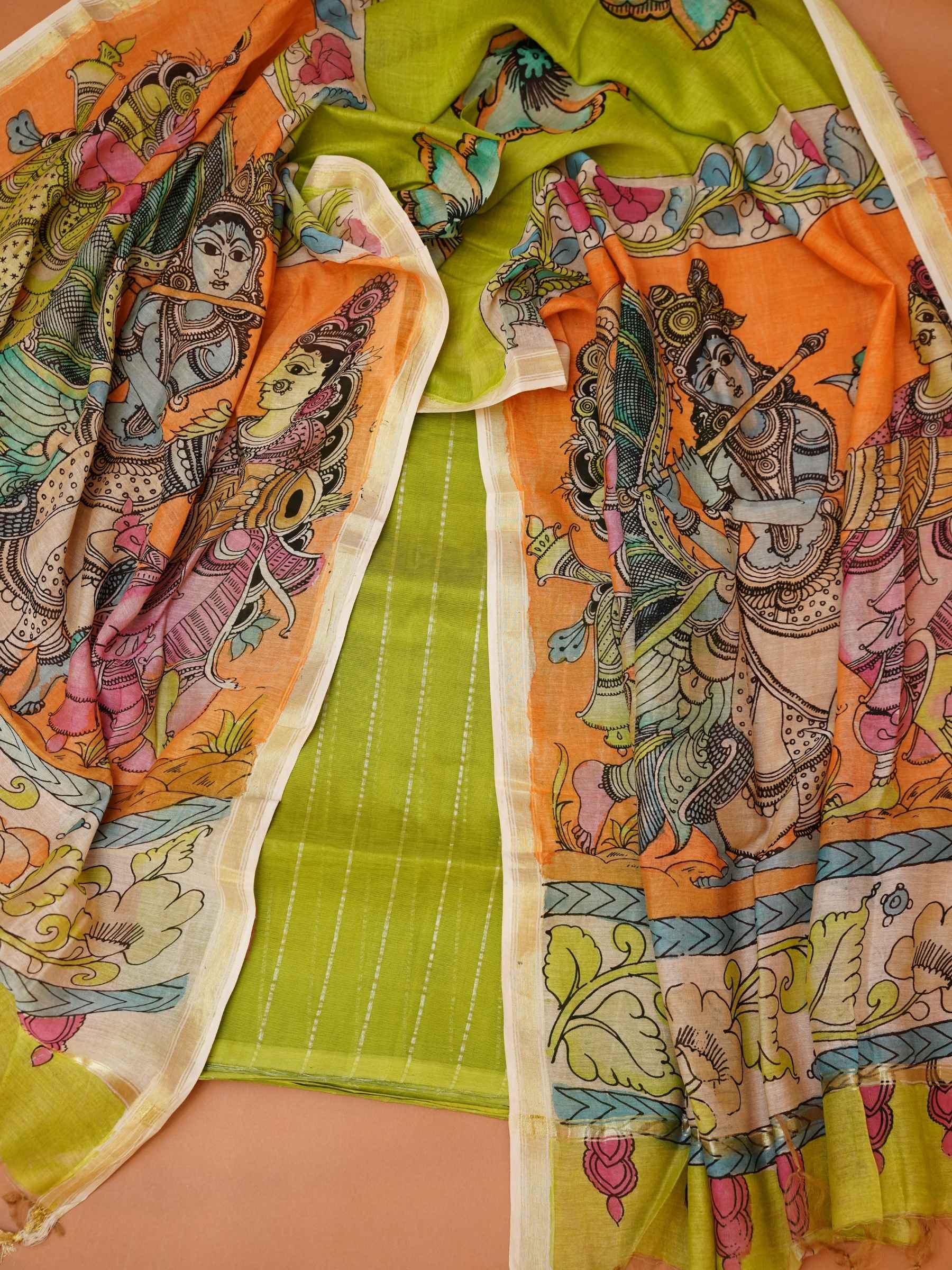 Unstitched Paturu handloom 2-piece suit set with handloom floral and divine Kalamkari dupatta and gold zari borders