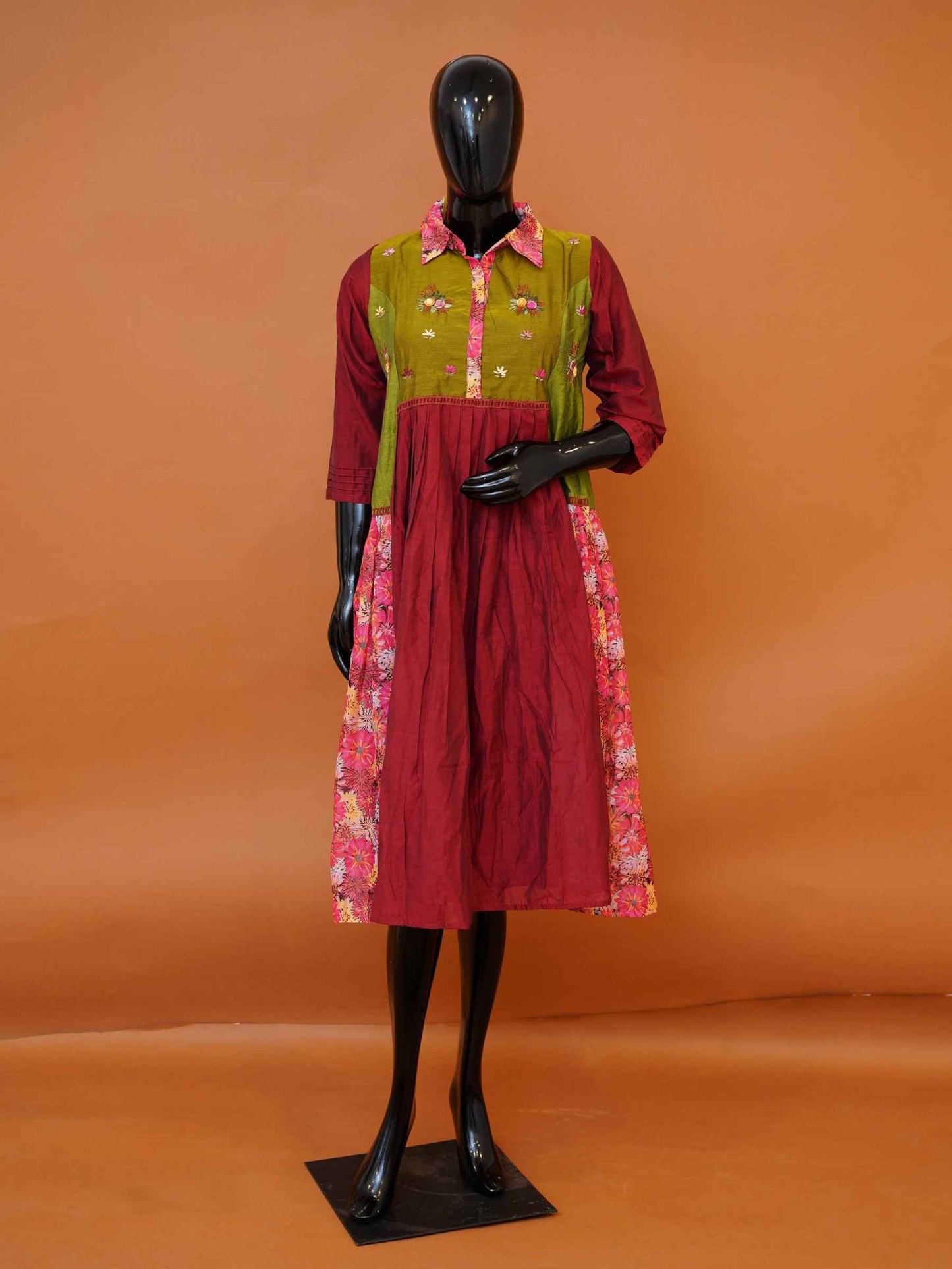 Women's embroidered colorblocked Chanderi cotton tunic top with 3/4 sleeves available in sizes M to 3XL