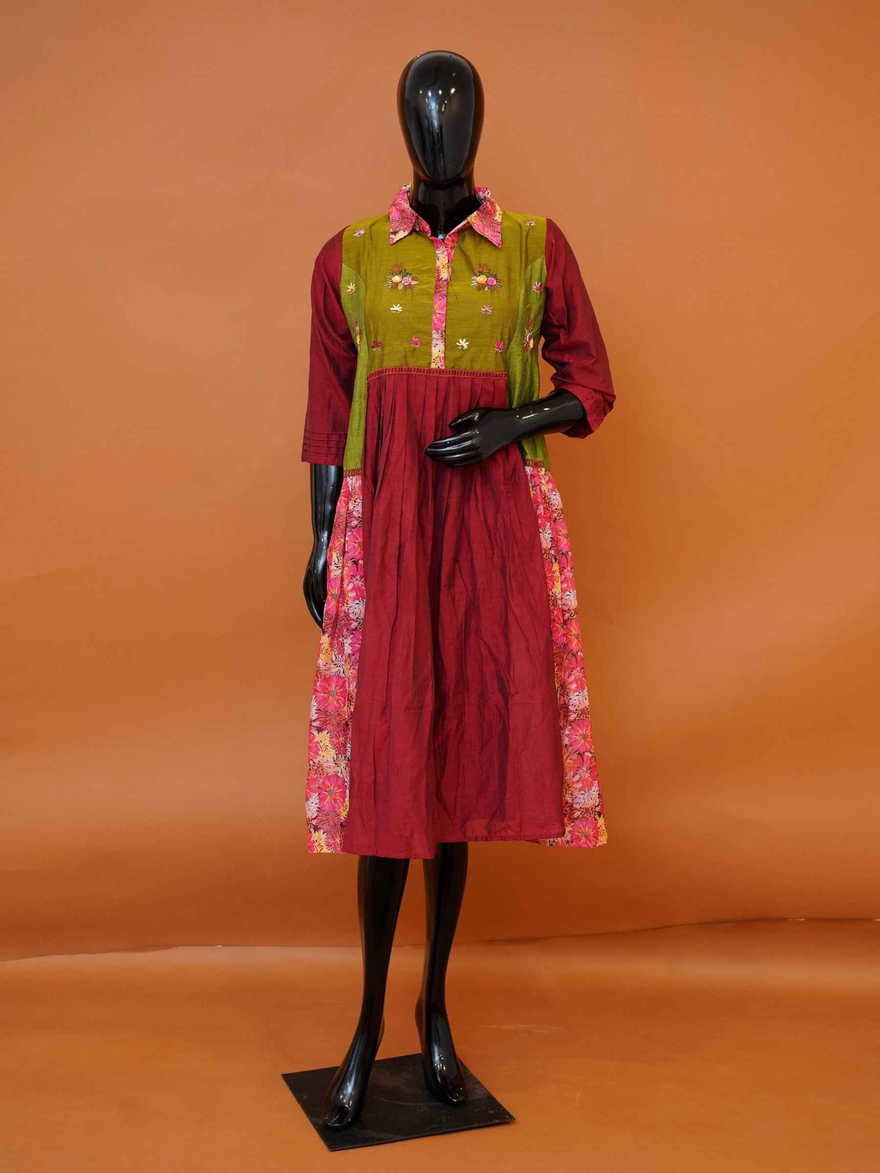 Women's embroidered colorblocked Chanderi cotton tunic top with 3/4 sleeves available in sizes M to 3XL