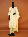 Women's embroidered light yellow mulmul cotton suit set with matching pants and scalloped dupatta available in sizes M to XXL