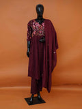 Deep wine pure mul mul cotton 3-piece kurti set with pink floral yoke embroidery and dupatta