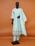 Women's embroidered light blue rayon cotton suit set with pintuck yoke and pants available in sizes M to XXL