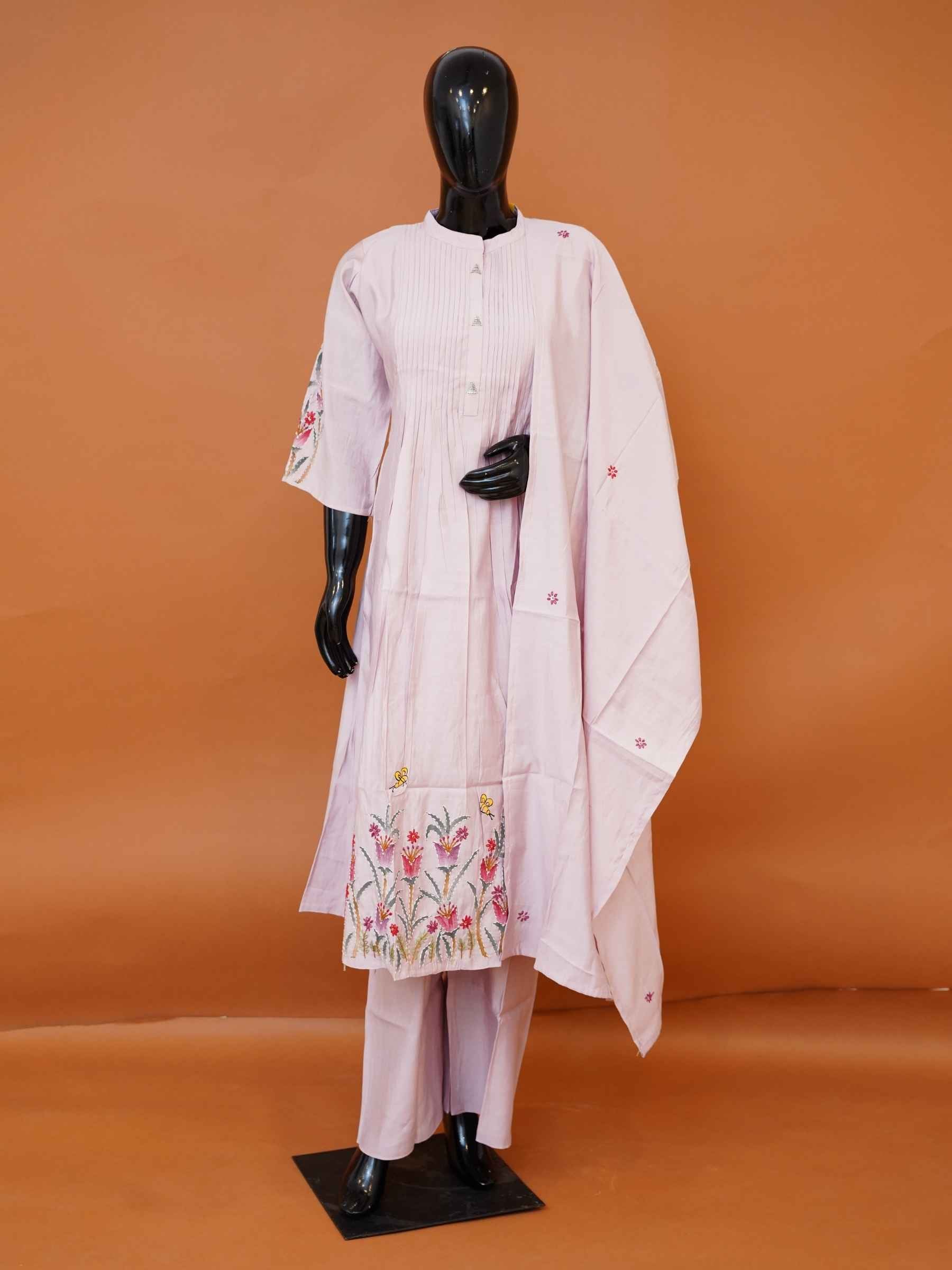 Women's embroidered light pink rayon cotton suit set with pintuck yoke and pants available in sizes M, XL, XXL