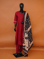 Women's festive red flex cotton suit set with straight pants and Ajrakh block print dupatta available in sizes M to XXL