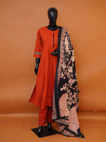 Women's festive terracotta red flex cotton suit set with straight pants and Ajrakh block print dupatta available in sizes M to XXL