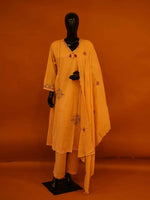 Plus size women's embroidered yellow cotton suit set with straight pants and dupatta available in sizes 4XL to 6XL