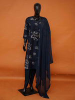 Midnight navy Vatican silk 3-piece kurti set with traditional dancer printed motifs