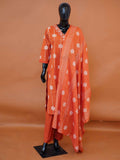 Plus size women's orange Bandhani printed cotton suit set with pants and dupatta available in sizes 4XL, 5XL, 6XL, and 7XL