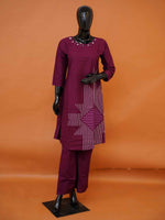 Deep plum wine flex cotton 2-piece co-ord set with geometric print and mirror work