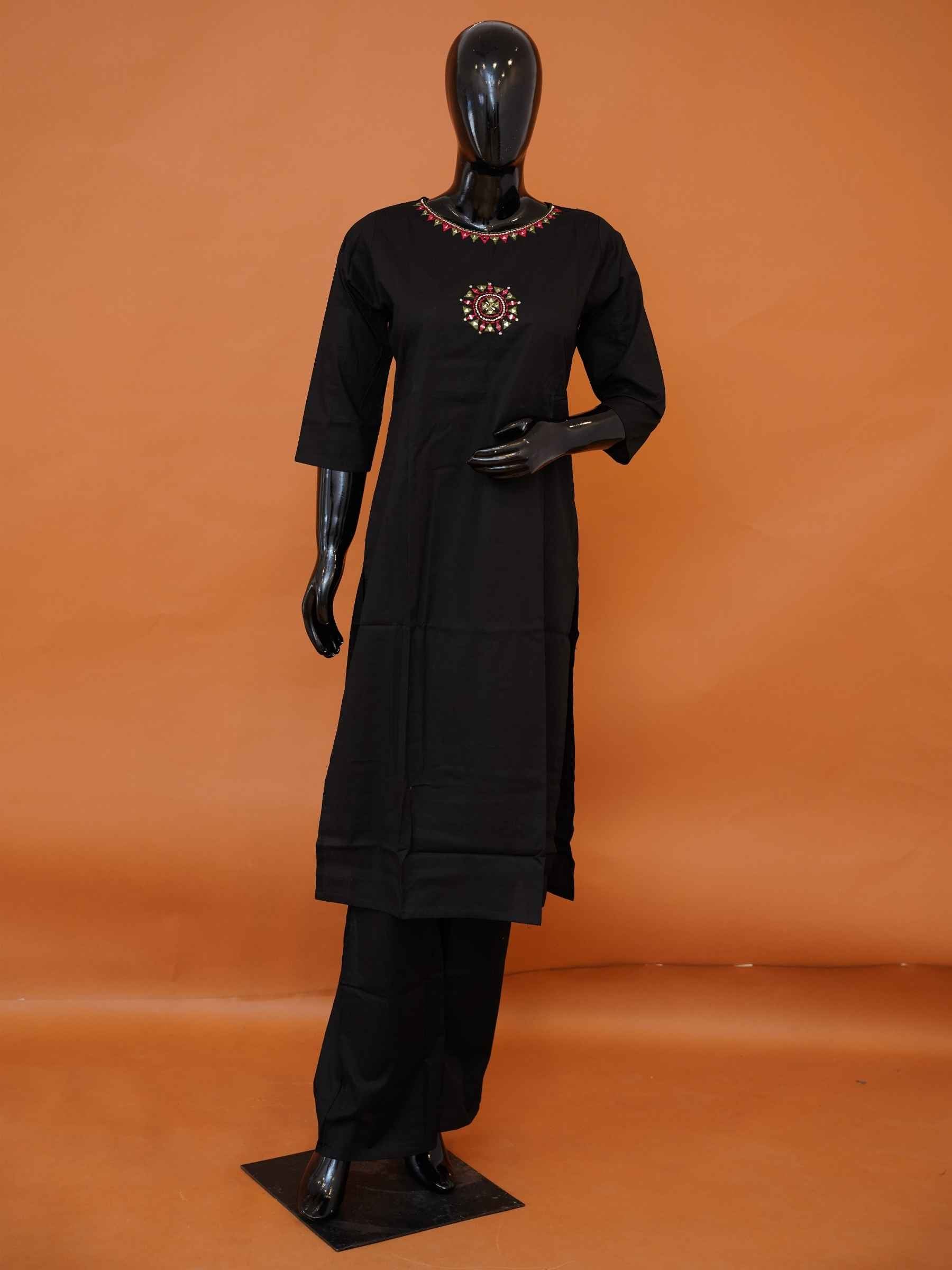 Jet black flex cotton 2-piece co-ord set with embroidered chest medallion motif
