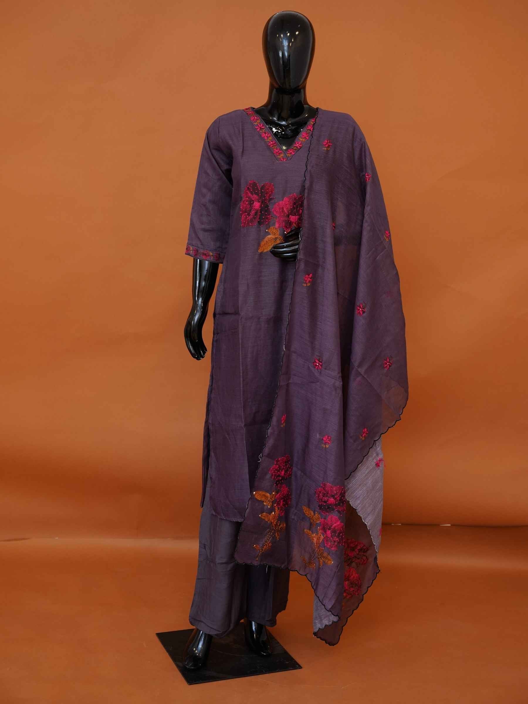Deep purple Chanderi cotton 3-piece kurti set with magenta floral embroidery and scalloped dupatta