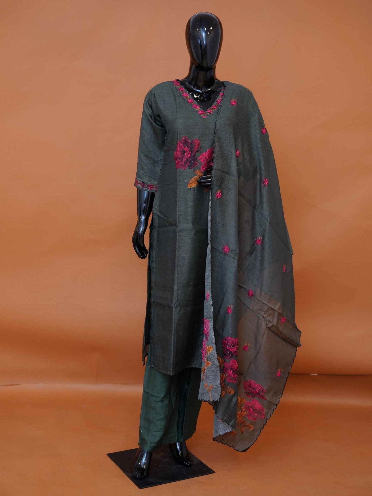 Women's festive bottle green Chanderi cotton suit set with pants and embroidered dupatta available in sizes M to XXL