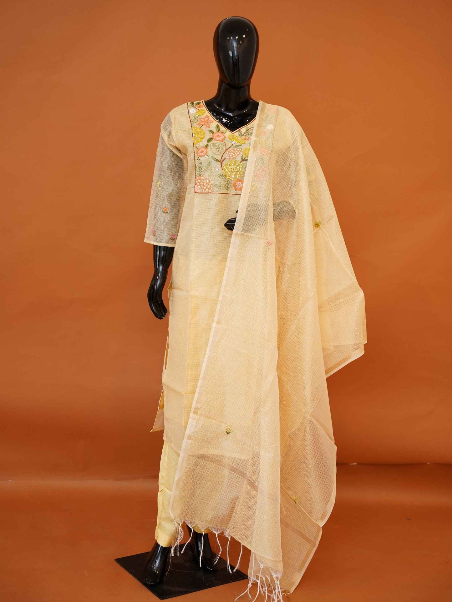Pastel cream Kota silk 3-piece kurti set with floral embroidered yoke and checkered dupatta