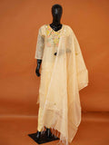 Pastel cream Kota silk 3-piece kurti set with floral embroidered yoke and checkered dupatta