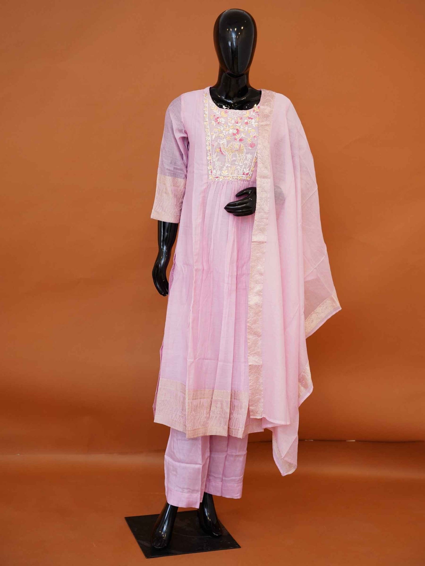 Baby pink Chanderi cotton 3-piece kurti set with floral camel embroidered yoke and zari dupatta
