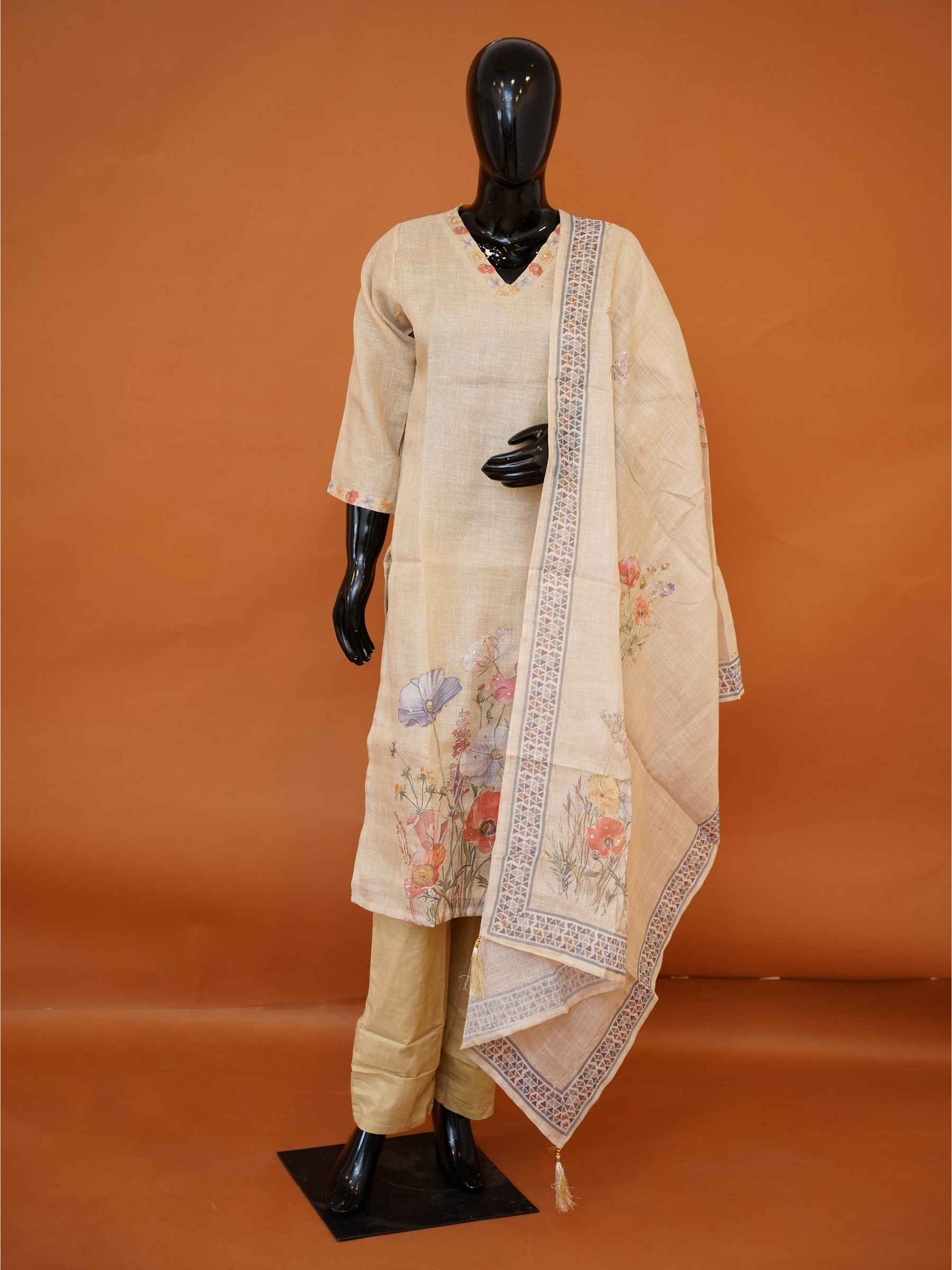 Natural beige linen cotton 3-piece kurti set with botanical floral print and matching dupatta
