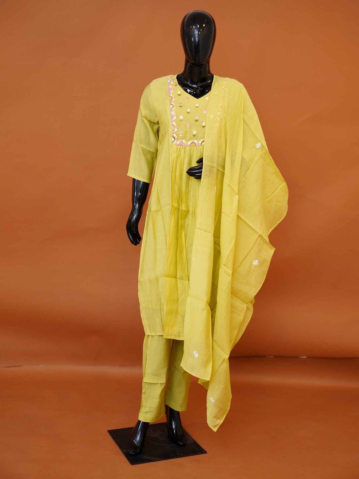 Lime green Chanderi cotton 3-piece kurti set with pants available in sizes M to XXL